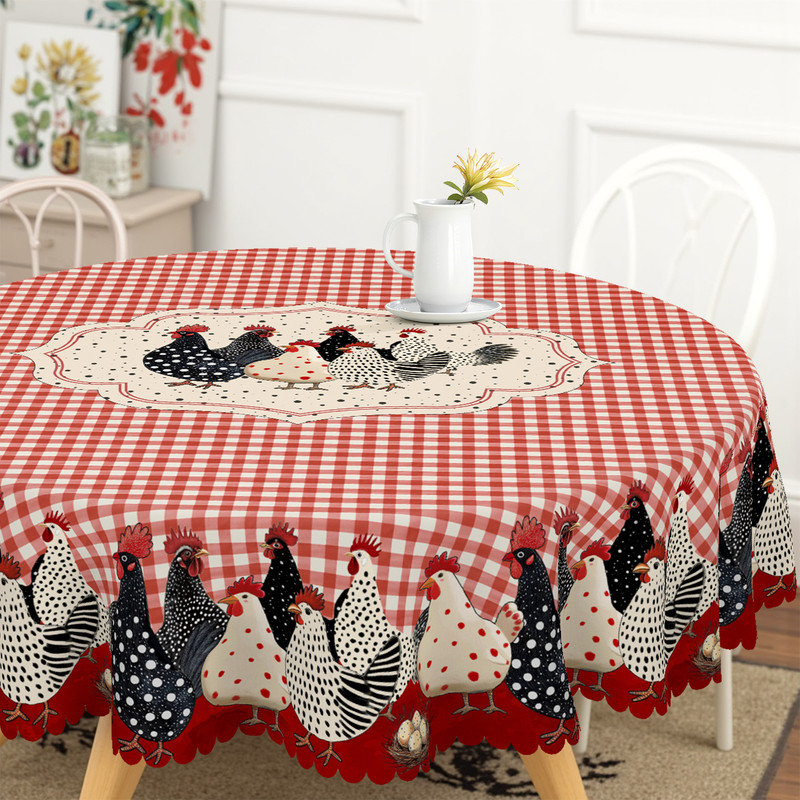 Pink checkered polyester tablecloth with rooster design, machine washable