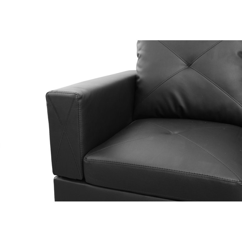 Torquay 97" Wide Faux Leather Left Hand Facing Sofa & Chaise with Ottoman, Black Faux Leather, Right Hand Facing