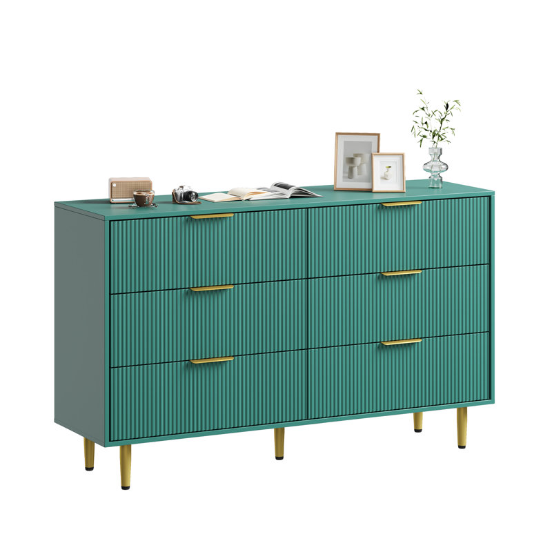Modern Fluted Drawer Dresser, Wood Chest of Drawers with Metal Handles & Legs, Storage Organizer, Green