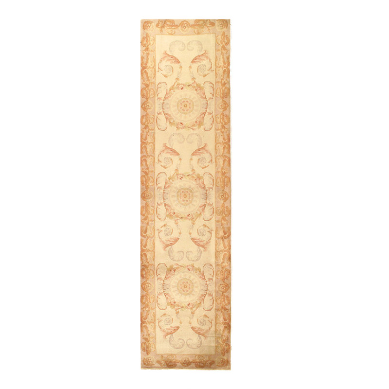 Tapis de couloir beige noué à la main de conception unique 2 pi 7 po x 10 pi