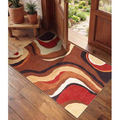 Burnt Orange Rug 2x3 Ft  Washable,Farmhouse Brown Retro Carpets,Geometric Abstract Wavy Rug For Bedroom,Unique Colorful Rugs
