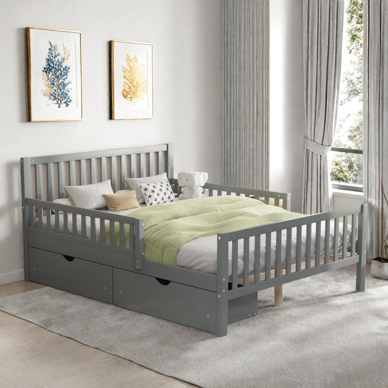 Wood Platform Bed with Guardrails on Both Sides and Two Storage Drawers, Full, Gray