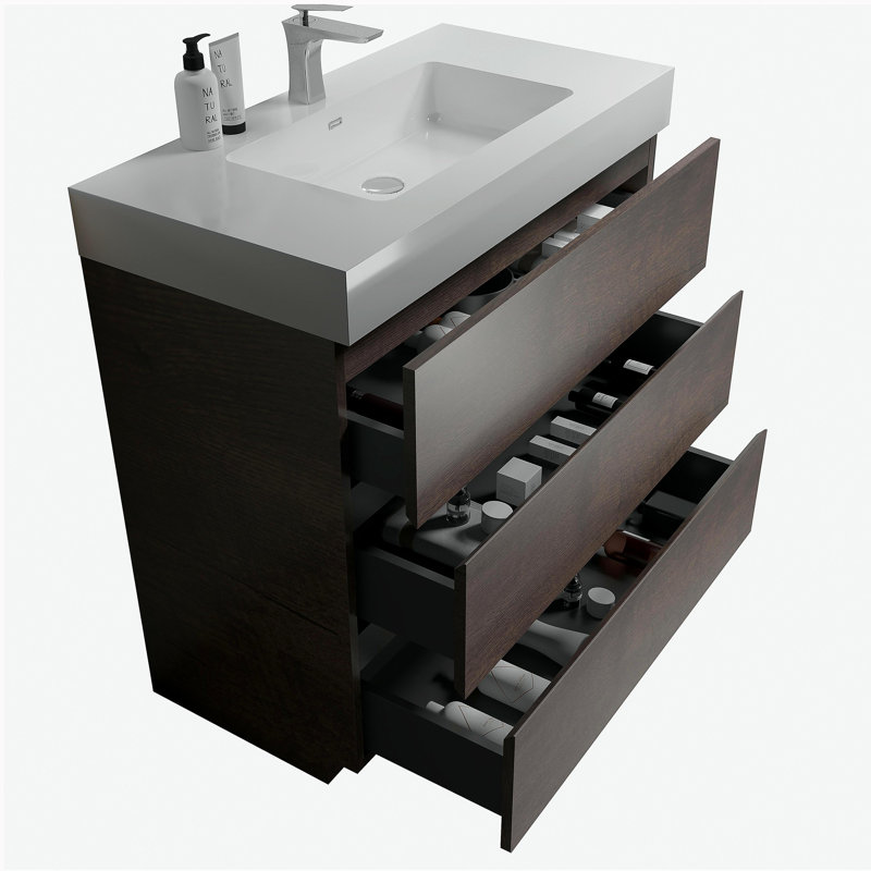Coiffeuse en noyer avec lavabo, grande coiffeuse indépendante avec rangement, lavabo intégré moderne sans drainage et robinet, pré-assemblé