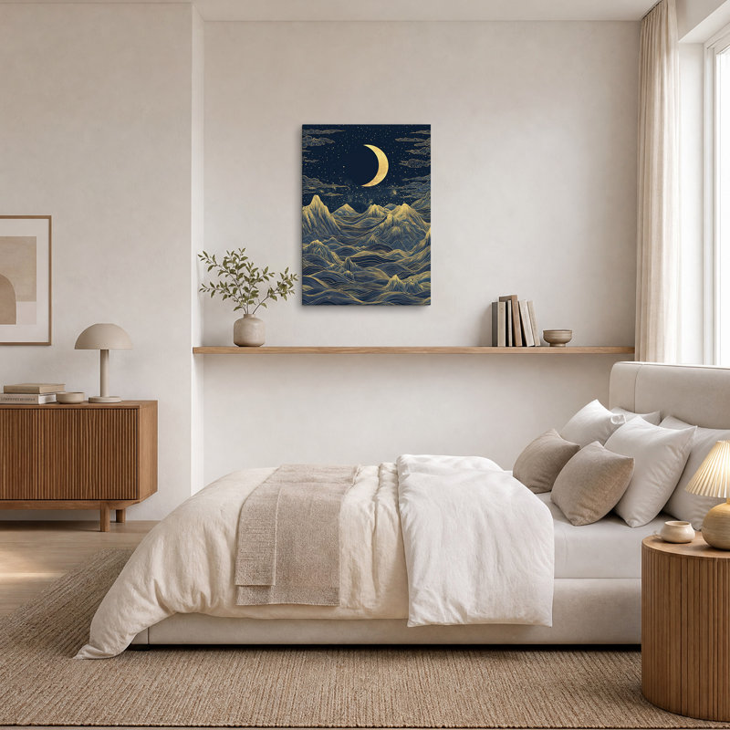 Art mural sur toile Golden Crescent Moon Over Stylized Mountains, H 30 po x l 20 po