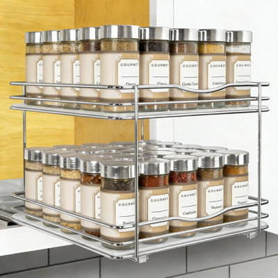 Range-épices coulissant pour armoires de cuisine - tiroir coulissant chromé à 2 niveaux avec glissières à roulement à billes robustes