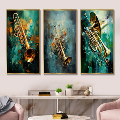 Trombone Tribute Jazzed Jade - ensemble de 3 reproductions d'art sur toile