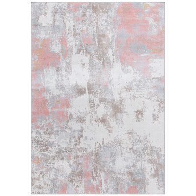 Tapis en polyester tissé à plat à la main à motif abstrait en ivoire / gris / rose Braidy