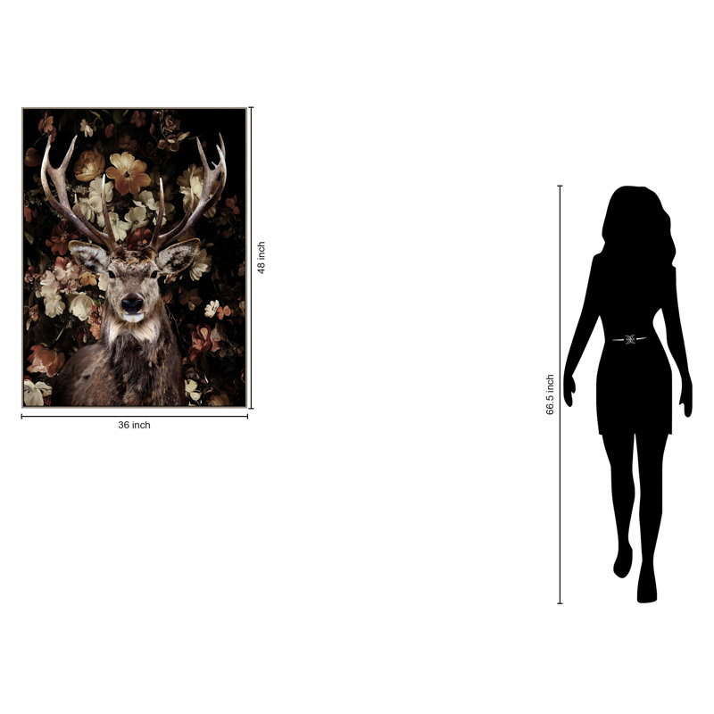 Art mural en toile cerf sur fleurs - 36 po x 48 po - Cadre beige