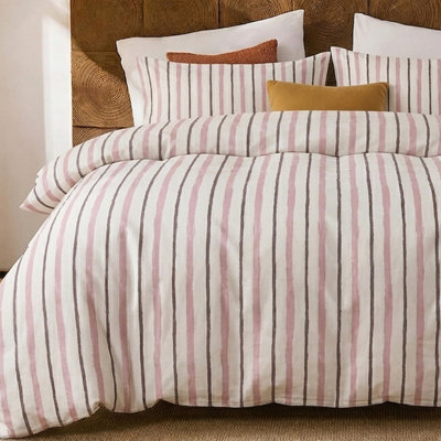 Queen Duvet Cover Set,100% Cotton Double Gauze,Pink White Vertical Stripe Muslin Bedding,Soft Airy Breathable Feminine Cottage Farmhouse Bedding Set,3 Pieces