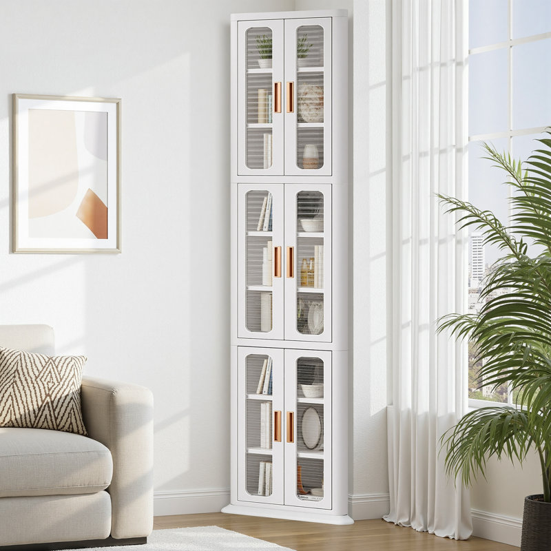64'' Tall Corner Storage Cabinet with Doors & Shelves, White Bathroom Organizer, Kitchen Pantry, Living Room Display Cabinet, White Bookcase