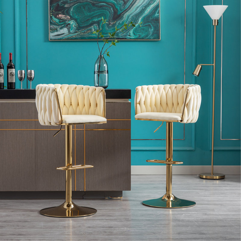 Ensemble de 2 tabourets de bar, avec repose-pieds chromé et base pivotante à hauteur réglable en velours + tabouret de bar simple Golden Leg