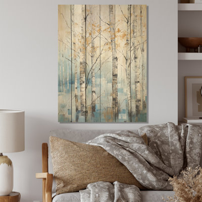 Bouleaux blancs, forêt, hiver, paysage I - arbre, bouleau, art sur bois de pin naturel