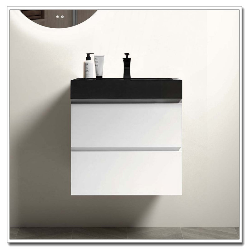 Meuble-lavabo mural flottant avec évier biseauté pré-assemblé, Noir, Blanc, 24"