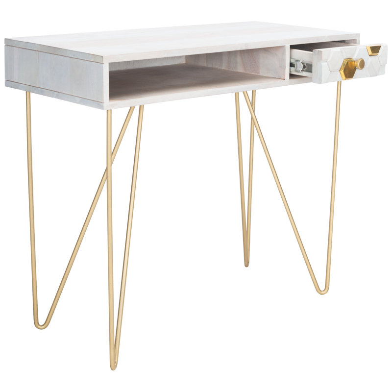 Kershaw Solid Wood Top Metal Base Writing Desk, White Wash/Mixed White Wash/Brass, Gold
