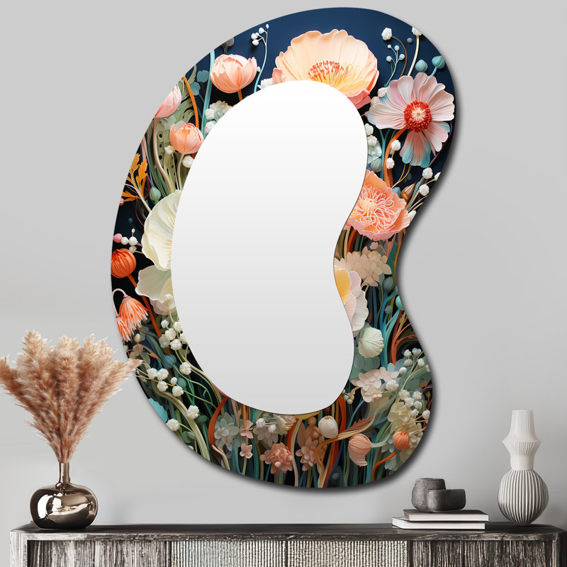 Zinn Blossoming White Spring Flowers - Wildflowers Irregular Shape Large Wall Mirror, Traditional Asymmetrical Unique Mirror, Printed Metal Art