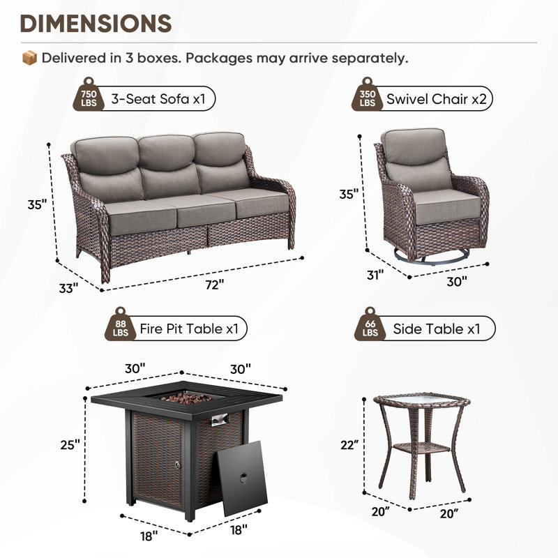 Ensemble de conversation de table de foyer d'extérieur en osier 5 pièces Prunier, Gris