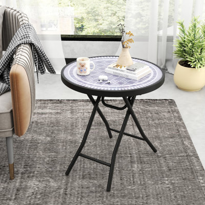 18" Folding Side Table Round Compact Coffee Table With Tempered Glass Tabletop Gray