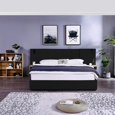 Très grand lit plateforme tapissier hydraulique en velours avec 2 tablettes, 2 lampes de lecture et un port USB