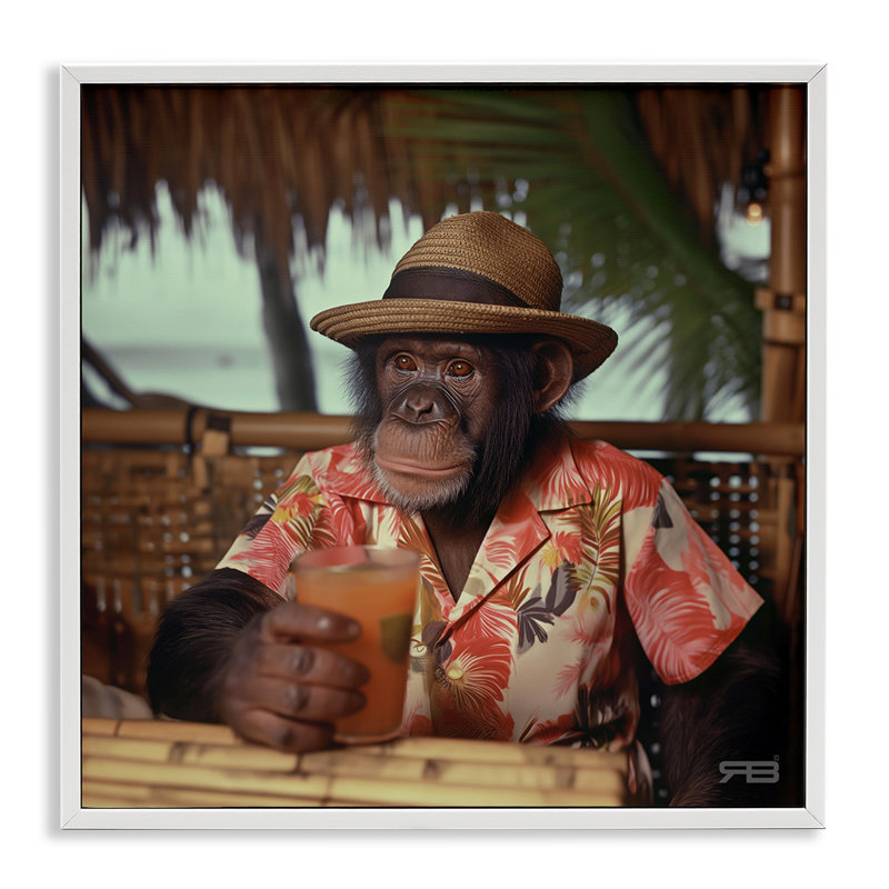Art tropical, estampe numérique de singe par Roozbeh Bahramali, Estampe numérique encadrée blanc bord de mer