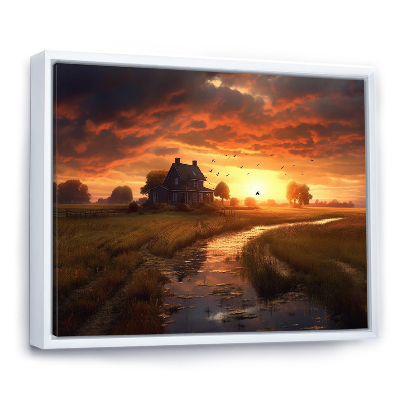 «Glorious Sunset Over Waterway In The Fields», reproduction sur toile, Cadre flottant blanc, 16" H x 32" W