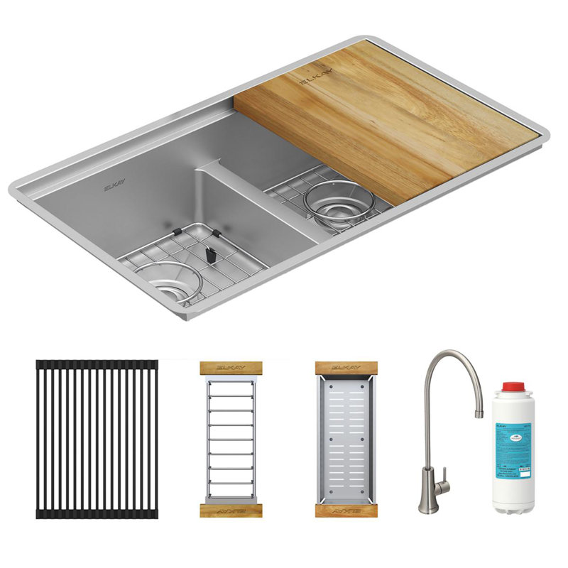 Elkay Crosstown 16 Gauge Workstation Stainless Steel, 31-1/2" X 18-1/2" X 9" Equal Double Bowl Sink Kit With Aqua Divide And Filtered Beverage Faucet