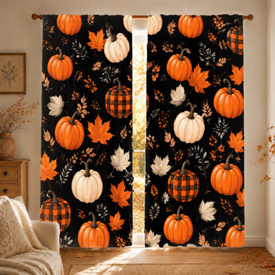 2Pcs Thanksgiving Pumpkin Maple Leaf Print Curtains, Light Filtering Fabric, Vintage Buffalo Plaid and Orange Pattern, Rod Pocket Design, Suitable for Living Room, Bedroom, Balcony Home Decoration