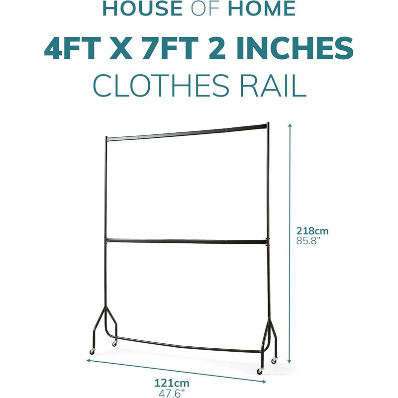 Two Tier Heavy Duty Clothes Rail Garment Hanging Rack In Black, 218 cm H x 121 cm W x 46.5 cm D