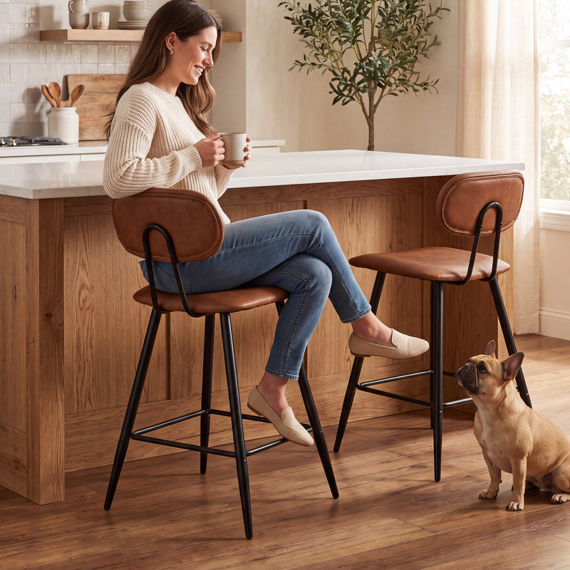Tabouret de bar et de comptoir 26,75 po en cuir avec grand siège et dossier, Brun