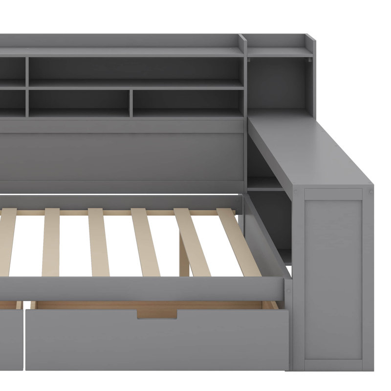 Wooden Daybed With Storage Shelves, Multi-Functional Bed With Two Storage Drawers And Study Desk, Full/Double