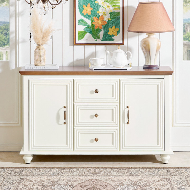 Buffet avec 2 portes et 3 tiroirs, console de rangement en bois, Brun / blanc