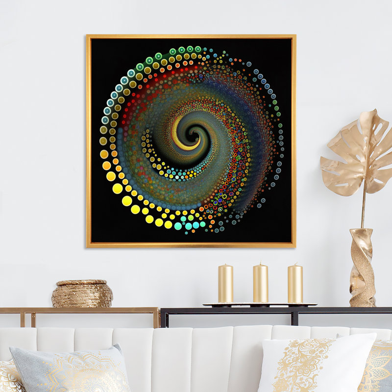Iridiscdent pointillism spiral sur toile, Cadre flottant doré, H 36 po x l 36 po x P 1,5 po
