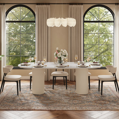 Maxsony 71" Mid Century Dining Table with Glossy Stone Tabletop, Rectangular  Kitchen Table with Solid Wood Double Pedestal for 6