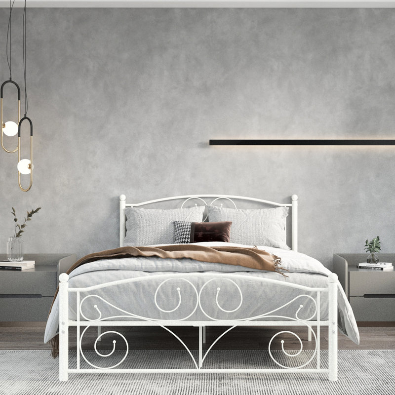 White Full Size Metal Bed Frame With Unique Flower System, Headboard And , Fits 8 - Inch Mattress, Easy Assembly Of Size, Quiet Large Bearing Capacity