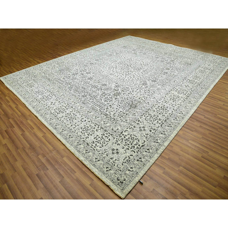 Tapis oriental en laine noué à la main 12 pi 1 po x 15 pi 4 po Heron White Dynasty