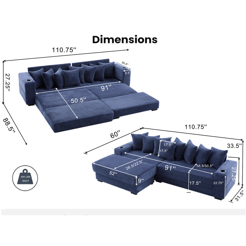 L-Shaped Reversible Sectional Sofa, Blue Corduroy