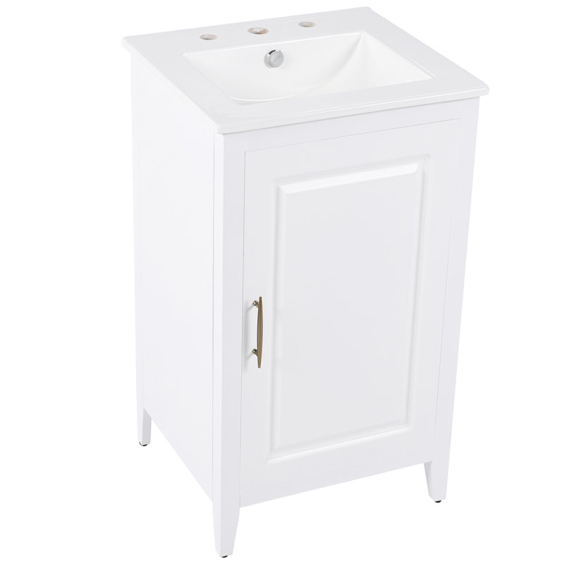 Meuble-lavabo de salle de bain avec lavabo - Finition peinte et poignée dorée, Blanc