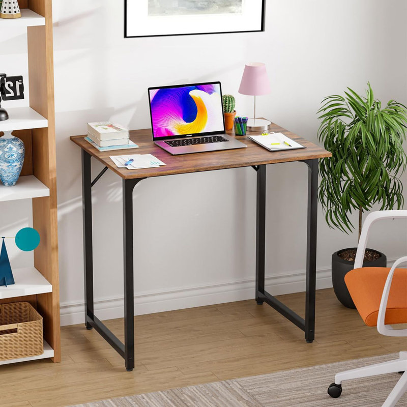 Office Desk Small Computer Desk Study and Writing Table Simple Modern Desk with Metal Frame for Home Office, Brown/Black