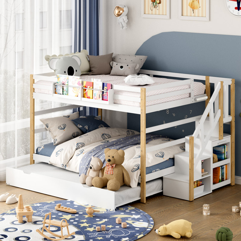 Bunk Bed with Trundle and Storage Stairs, Solid Wood Bunk Bed with Foldable Desk, No Box Spring Needed, Twin