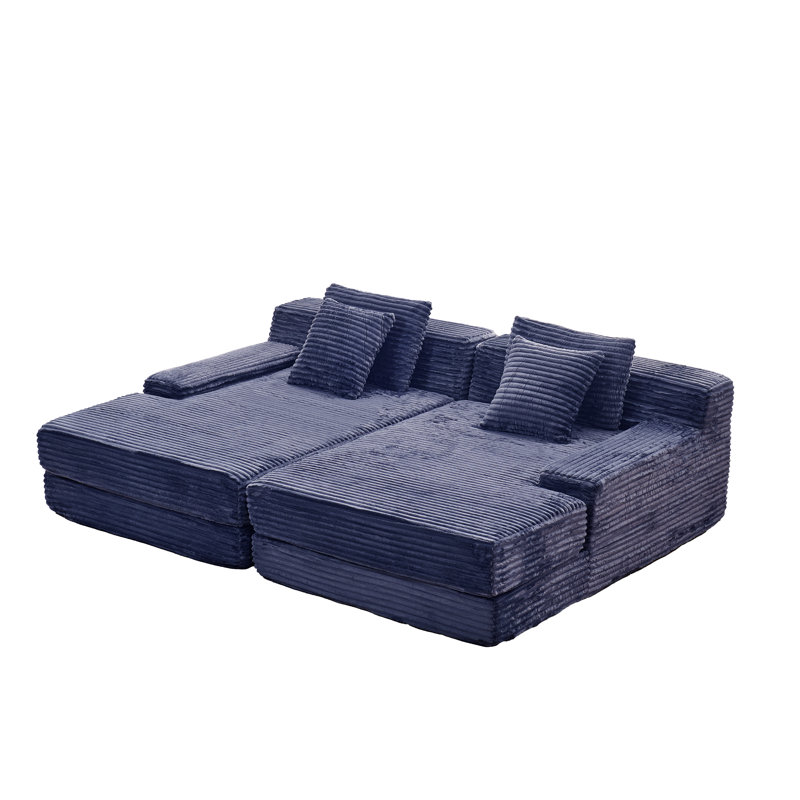 Méridienne surdimensionnée double en flanelle avec 4 coussins Eliam, rembourrée de mousse pure, aucun assemblage requis, bleu