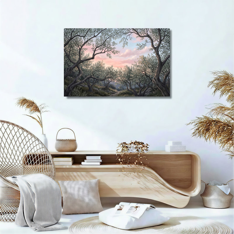 «Olive Trees» encadrant une toile rose, 20"H x 30"W