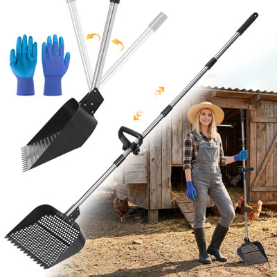 Chicken Poop Scooper & Rake 2-in-1, Sand Sifting Shovel with Adjustable Length, Multi-Angel Adjustment, Sand & Sifting Shovel for Dog/Poultry Waste Removal