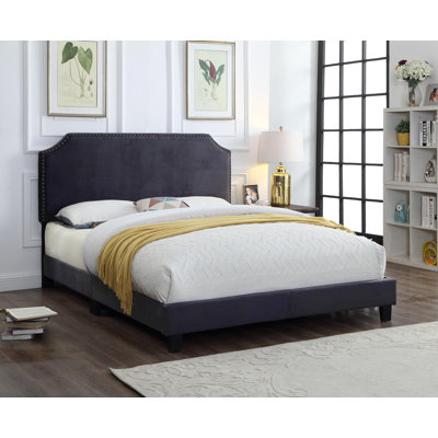 Luxury Velvet Upholstered Platform Bed with Scalloped Headboard & Nailhead Trim, Adjustable Headboard Bed Frame, Charcoal, Single
