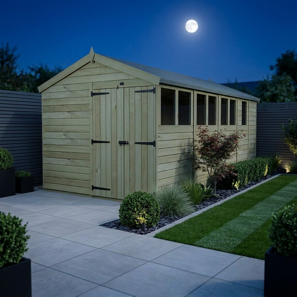 Total Sheds 8ft x 17ft Apex Garden Shed - Double Door - With Windows - Pressure Treated Timber - UK Manufactured