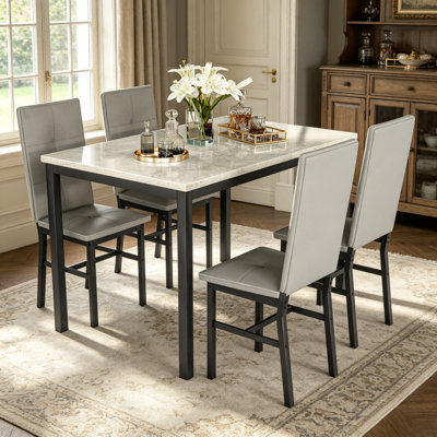 5-Piece Faux Marble Top Dining Table Set with 4 Tufted PU Upholstered Chairs, Rectangular Kitchen Dining Set with Black Metal Frame, Modern Small Space Breakfast Furniture