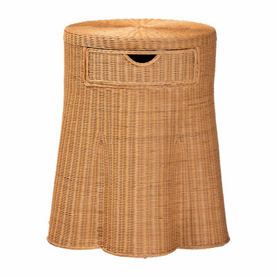 Bali & Pari Dayo Scalloped Natural Rattan Console Table With Drawer - Handwoven Wicker Accent Table With Flared Skirt, Coastal Boho Style For Entryway Or Living Room, Round