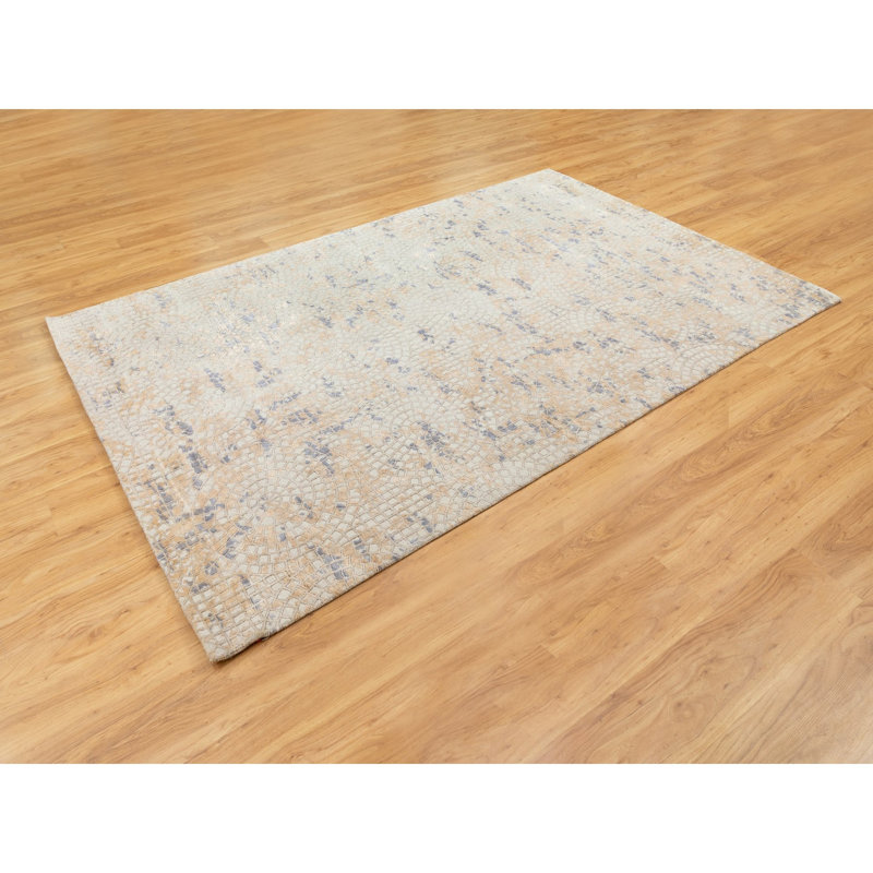Tapis ivoire noué à la main de conception unique nouvel âge 5 pi 10 po x 9 pi Felic