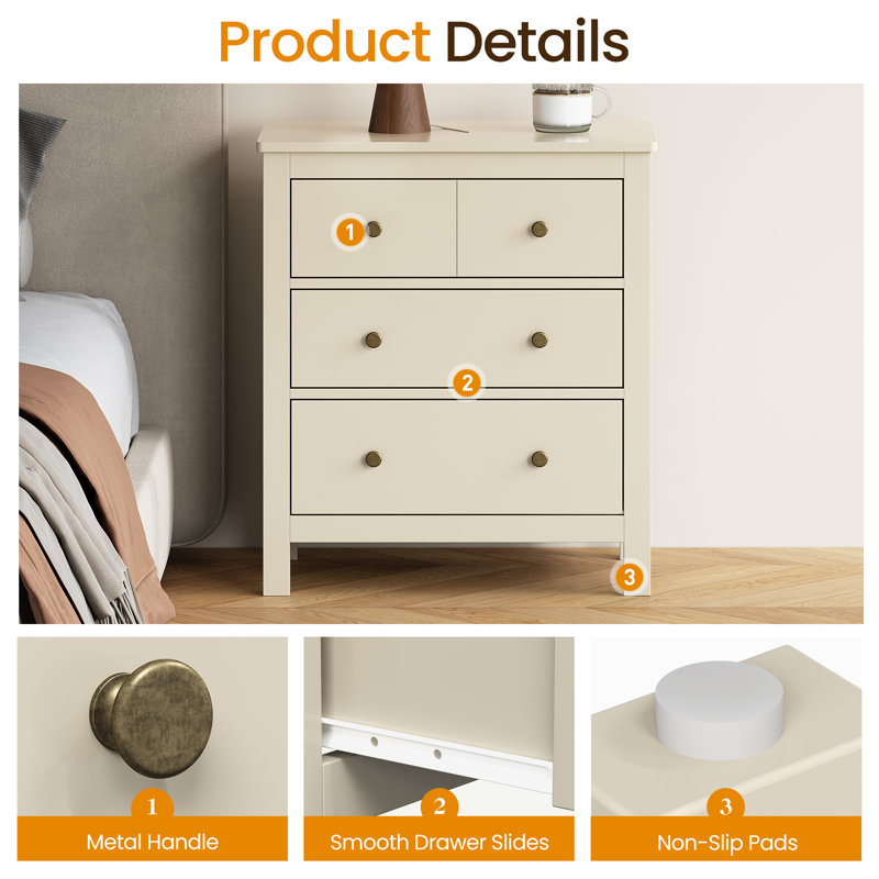 3-Drawer Nightstand, 23.6'' Wood Storage Chest, Beige