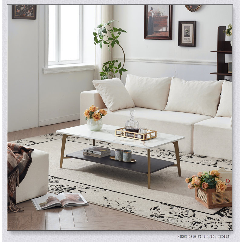 Modern Rectangular Coffee Table With Metal Frame For Living Room, Open Design And Durable Construction