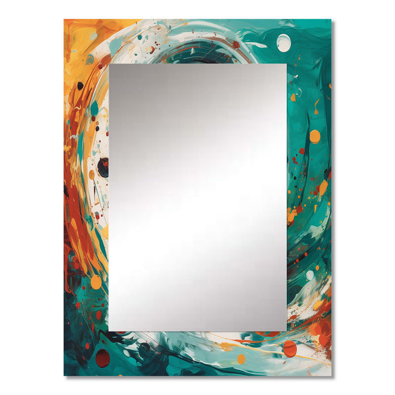 Mariage en spirale d'ambre électrique et bleu sarcelle I - miroir abstrait en spirale, miroir mural décoratif doré, impression d'art en métal