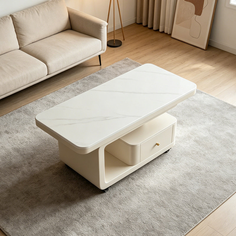 Table basse haut de gamme Italian Light Luxury, H 17,71 po x L 35,43 po x l 19,68 po, Crème